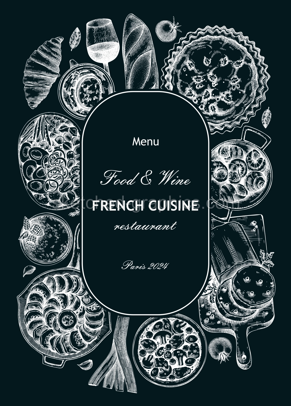French food wreath design on chalkboard. Vintage food and wine sketches. European restaurant menu template. France background. Hand-drawn vector illustration, NOT AI generated Illustration